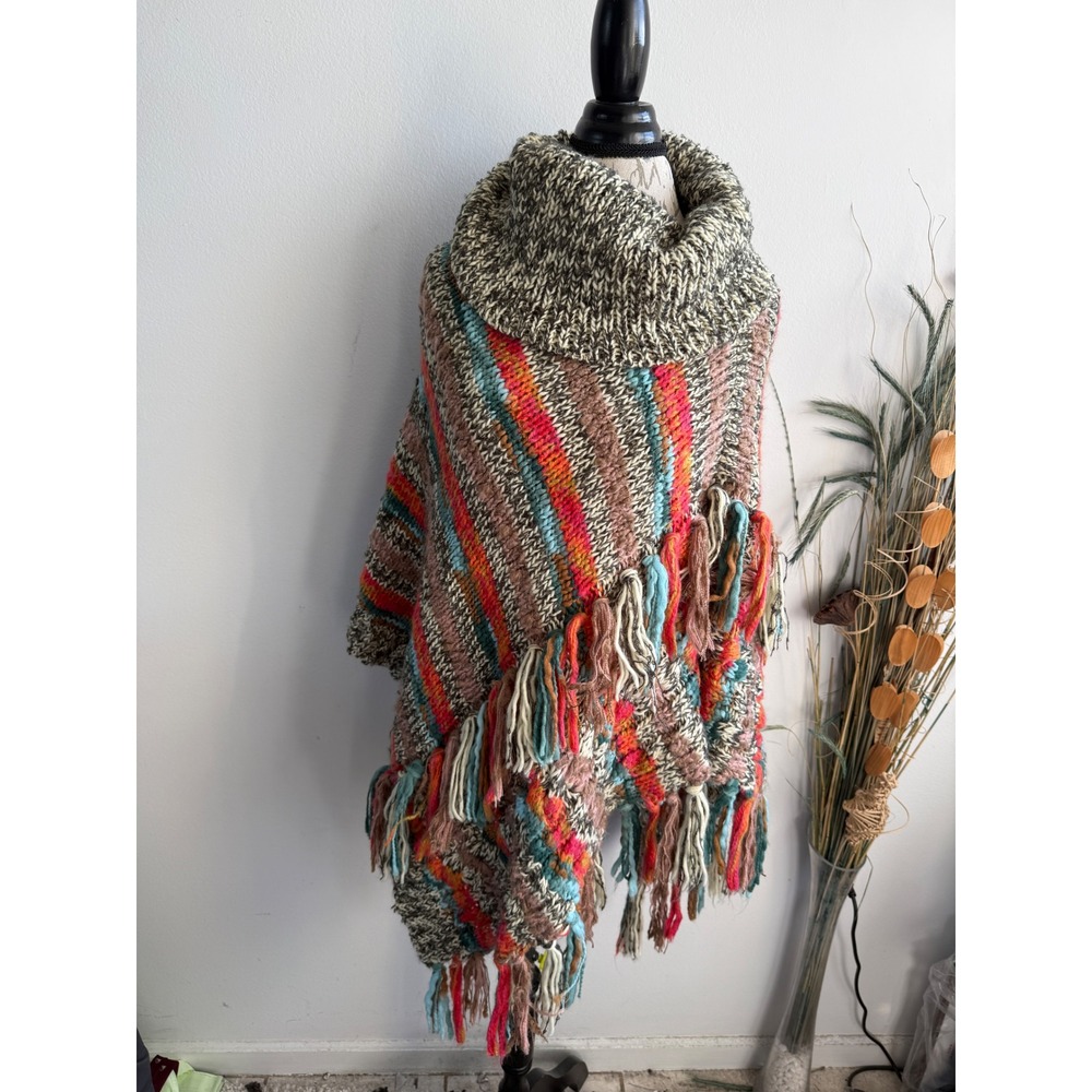 Anthropologie Womens Multi Color Striped Chunky Knit Cowl Neck Fringe Poncho OS